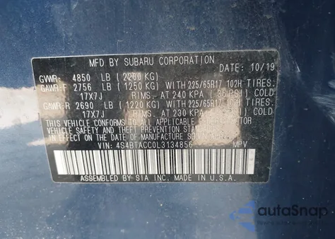 2020 Subaru Outback Premium from USA, damaged, VIN 4S4BTACC0L3134856